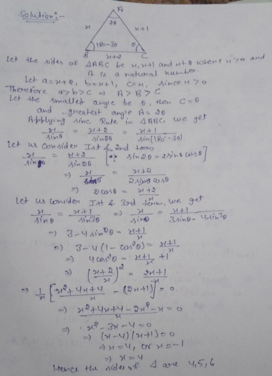 So lution 20 10-30 Let the des of AABC be , +1 and Ht a where 7o and ttA a natural numben Aince 70 Let a-ttR, b-M+1, CE There