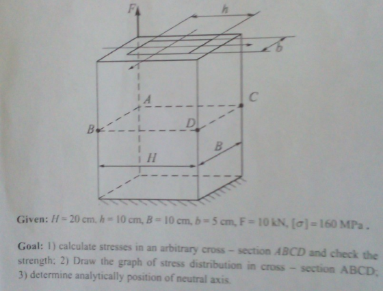 10kN,(o|-160 MPa . 20 cm. h = 10cm, B =10cm, b = 5 cm, F Given: H l: 1) calculate stresses in an arbitrary cross - section AB