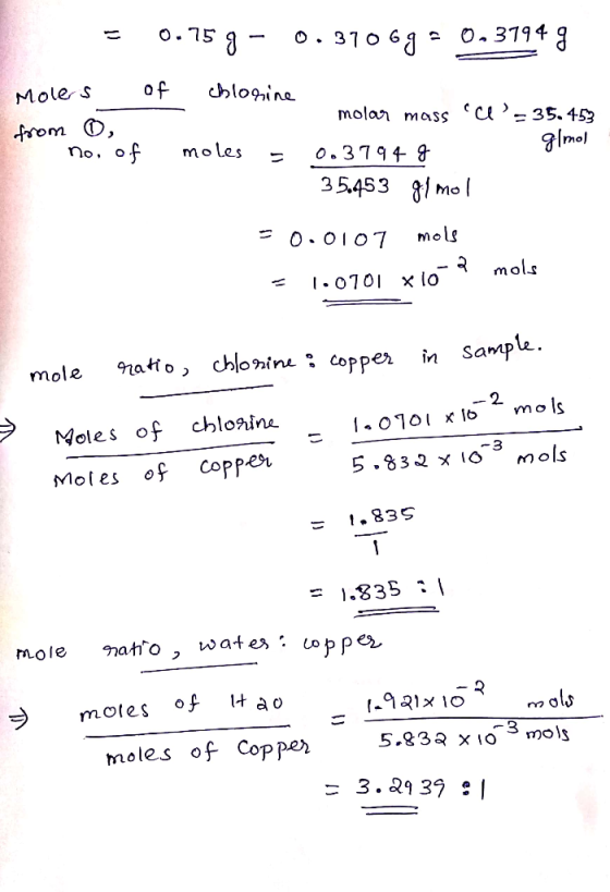 37 o 6 O.75 O. o f chlogine Mole s molan mass Cl-35, 452 moles O.379 4 g no, 35453 g Mo mols 0-O107 mols - .0101 x 1o chloni