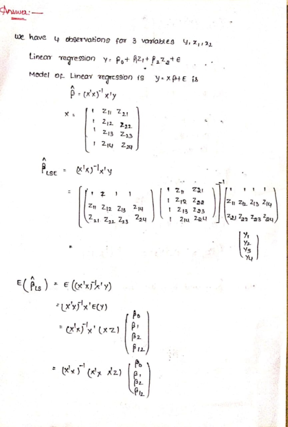 Anawea:- 4,z21 we have 4 observationg for 3 variables Linear regression y fo+ A2,t fa^ate y.xptE is Medel of Linear eqecssion