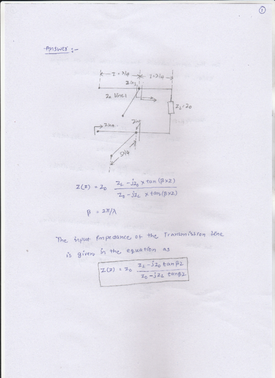 0 Answer 12 20 Zina 2H The input fm pe dance ot the Transmisston ne is giver in the eguation as