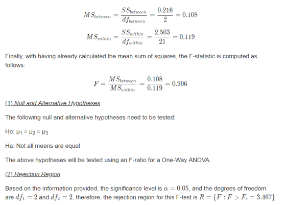 S Sbetween dfbetween 0.216 MSbetween 0.108 2 S Supithin dfwithin 2.503 = 0.119 with 21 Finally, with having already calculate