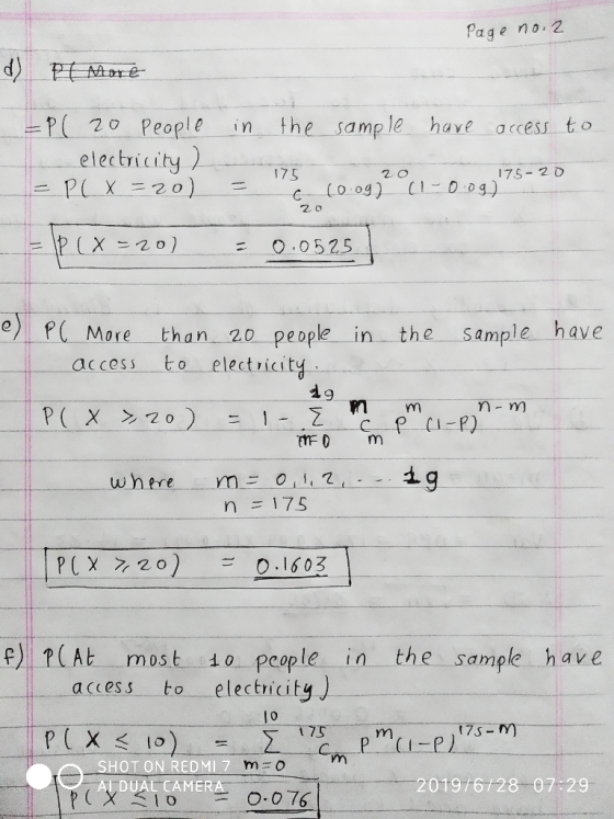 Ρagen0. Ζ People fhe samp le have 20 in access to electricity PLX=20) 175 175-2 D 20 (1-009) (0 og) 20 P(X = 2o) O.0525 PMore