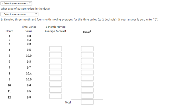 Select your answer- What type of pattern exists in the data? - Select your answer- b. Develop three-month and four-month movi