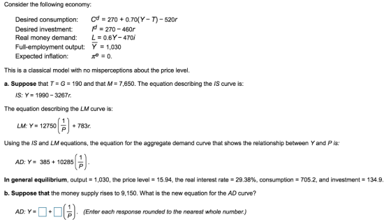 Consider the following economy: Cd = 270 + 0.70(Y-T)-520r Desired consumption: Desired investment Real money demand: Full-emp