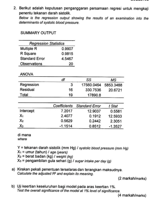 2. Berikut adalah keputusan penganggaran persamaan regresi untuk mengkaji penentu tekanan darah sistolik. Below is the regres