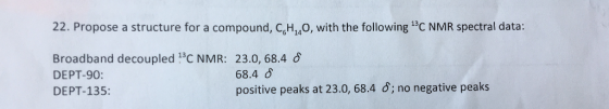 22. Propose a structure for a compound, CsH,40, with the following 13C NMR spectral data: Broadband decoupled 13C NMR: 23.0,