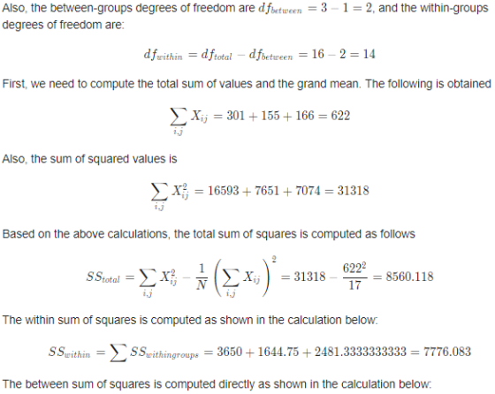Also, the between-groups degrees of freedom are dfbetween degrees of freedom are: 3-1 2, and the within-groups dfwithin=dftot