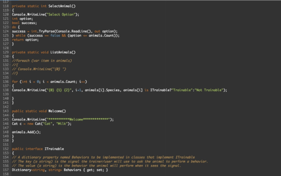 117 private static int SelectAnimal 118 119 120 Console. WriteLine( Select Option); int option; bool success; 123 do succes