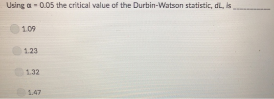 Using a 0.05 the critical value of the Durbin-Watson statistic, dL, is 1.09 1.23 1.32 1.47