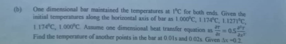 One dimensional bar maintained the temperatures at I°C for both ends. Given the (b) initial temperatures along the horizontal