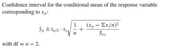 Confidence interval for the conditional mean of the response variable corresponding to xp: rx with df-n-2.