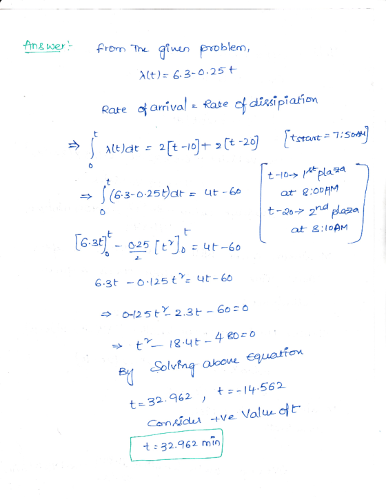An& uwer From Te ginen gtuan Problem, λ(t)s 63-0.25t Rate arriva Rate ef disipiaion I Pl t-10→ 1 ラ1 (6.3-0.25t/dt ut-60 6.3t-