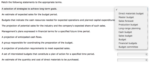 Match the following statements to the appropriate terms A selection of strategies to achieve long-term goals. An estimate of