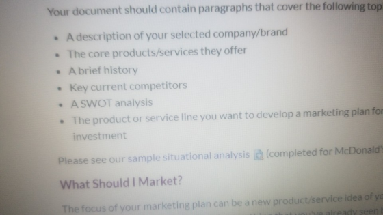 Your document should contain paragraphs that cover the following top A description of your selected company/brand The core pr