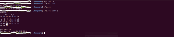 Programs$ gcc shell.c :-/Programs$ -la.out :/Programs /a.out cndfile i/Progranss /a.out test Error in opentng file!! Input fi