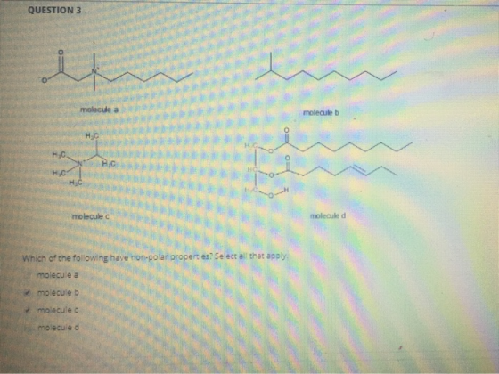 QUESTION 3 molecule a molecule b HIC H,C HC molecule c molecule d Which of the following have non-polar properties? Select al