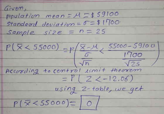Givem pepulatiom mean M$ 59100 Standaarl deviatim= 0=$1700 Sample si 2e n= 25 5S000-591o0 1700 25 ACcording to cemtral imit t
