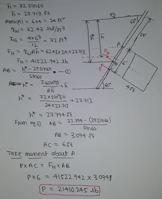 h = 32 Sinco h = 27,713 ft 291 片|h Ta- 4X632 ftt 12 FH = n.yAh-62.43x 24x27.78 TH= 41S22 .942 db Sin6o 60° A h 24 x 22.313 h2
