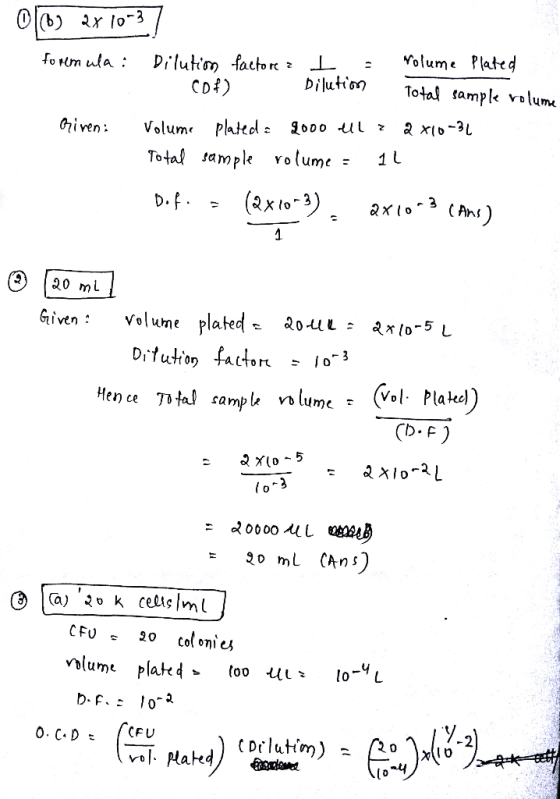 2x10-3 (b) formula : pílutim factorc z-L-Volume plated Cot) Diluton Total tampk vlme Total tamplk volume 1 D.f. = (2x10-3 920
