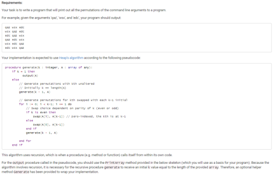 Your task is to write a program that will print out all the permutations of the command line arguments to a program. For exam