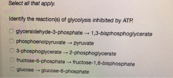 Select all that apply. Identify the reaction(s) of glycolysis inhibited by ATP □ glyceraldehyde-3-phosphate → 1,3-bisphosphog