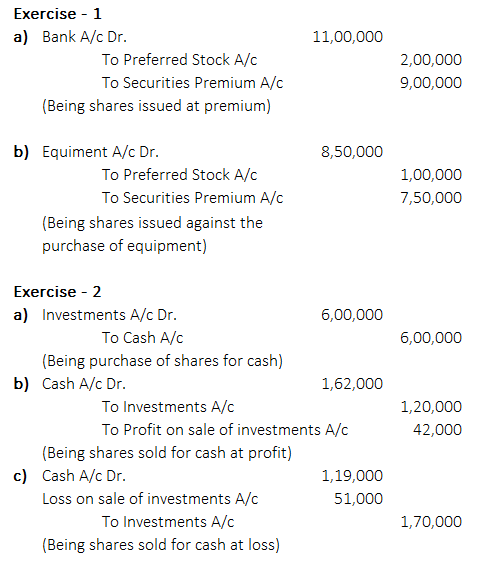 Exercise-1 a) Bank A/c Dr 11,00,000 2,00,000 9,00,000 To Preferred Stock A/c To Securities Premium A/c (Being shares issued a