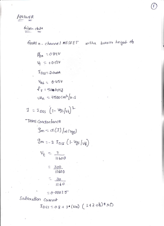 0 ANSWER biven chka 6i0AS n- chenne MESFET sortha batrier heighb d f丁:50. G1Hる THacs Conctuclance m21 60 0 300 600 116 O Satu