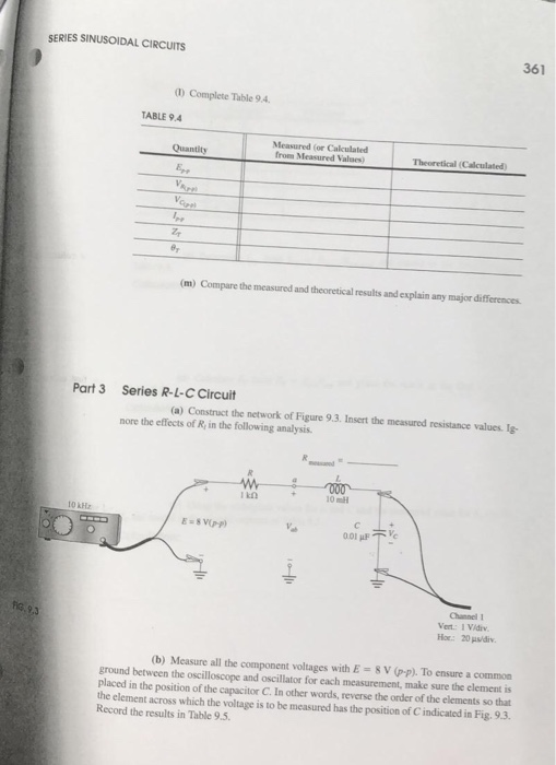 SERIES SINUSOIDAL CIRCUITS 361 D Complete Table 9.4. TABLE 9.4 Measured (or Calculated from Measured Values) Theoretical (Cal