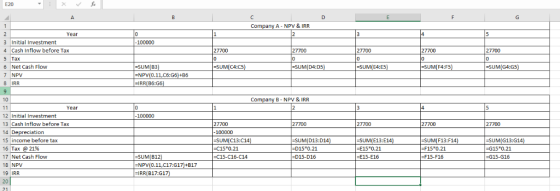 F20 F A C E G Company A- NPV & IRR 1 4 0 1 Year 2. 5 100000 Initial Investment 27700 27700 27700 Cash Inflow before Tax 27700