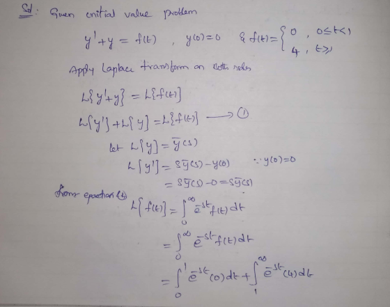 Sruen cnitial value Polam Aply Laplace tran om on stt els 1 니y)+니비 -41304) let Ly=s) yo)=o Co)dtt C) ol
