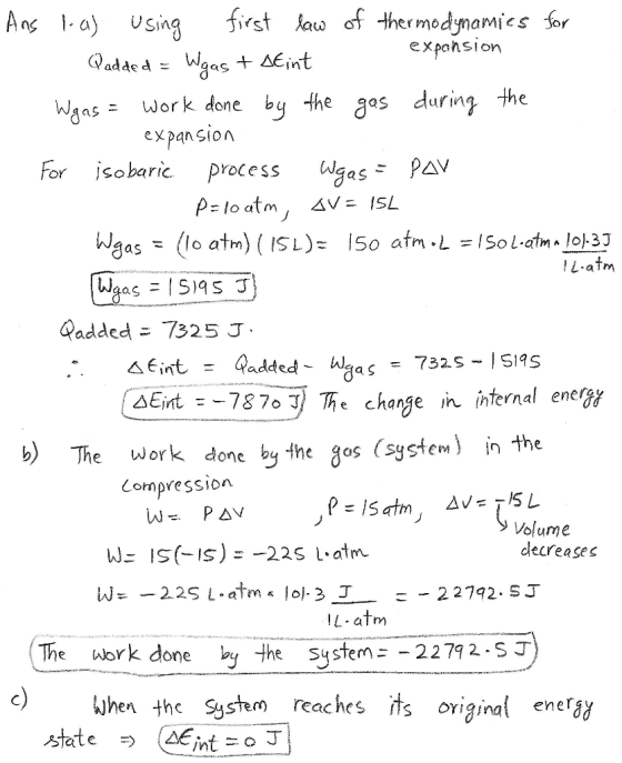 Ang a) sing rst o thermedmamics for wsns uwork dthe 8s durin the k done expanSion For isobaric process Wgas- PAN padded 7s25