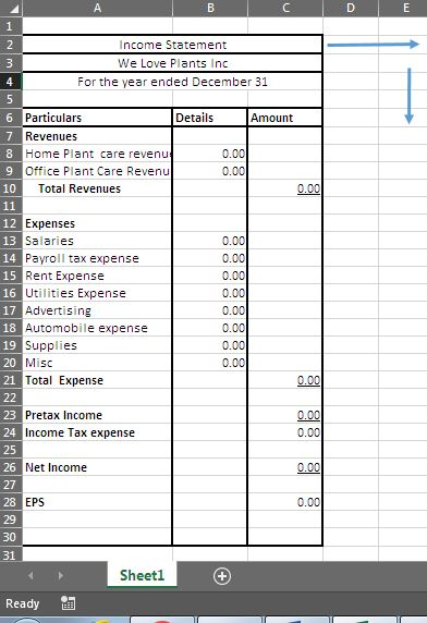 A C D 1 Income Statement We Love Plants Inc 4 For the year ended December 31 Particulars Details Amount Revenues Home Plant c