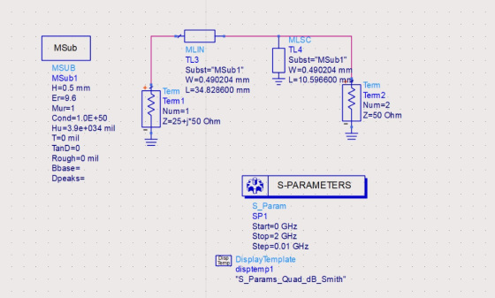 MLSC TL4 Subst=MSub1 W 0.490204 mm L 10.596600 mn MSub MLIN TL3 MSUB Subst=MSub1 MSub1 W 0.490204 mm Term H 0.5 mm Term L