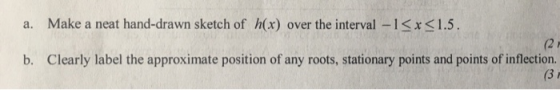 Make a neat hand-drawn sketch of h(x) over the interval -1Kx31.5. a. (2 P Clearly label the approximate position of any roots