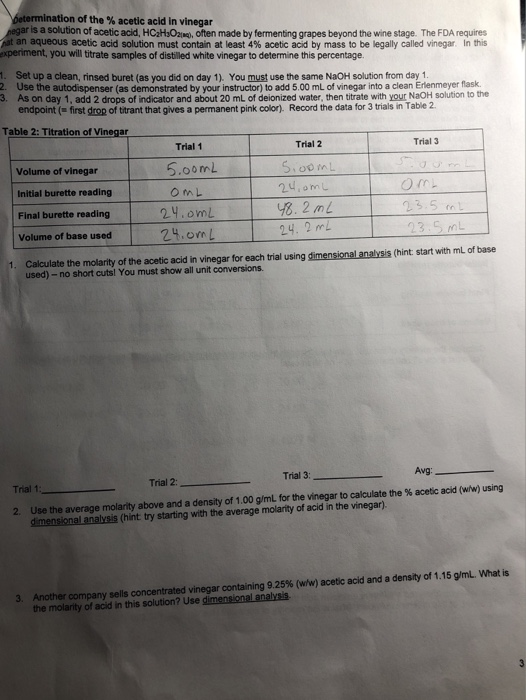 óetermination of the % acetic acid in vinegar negar is a solution of acetic acid, HCaHsO2), Often made by fermenting arapes b