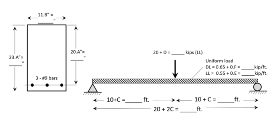 kips (LL) 20A= 20 + D= - 23.A Uniform load L0.55+O.Ekip/ft. 3-#9 bars 10 + C= ft. ft ft. 202C-