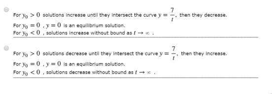 Foryo > 0 solutions increase until they intersect the curve y, then they decrease. For yo 0,y 0 is an equilibrium solution Fo