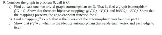 9. Consider the graph in problem 8, call it G. a) Find at least one non-trivial graph automorphism on G. That is, find a grap