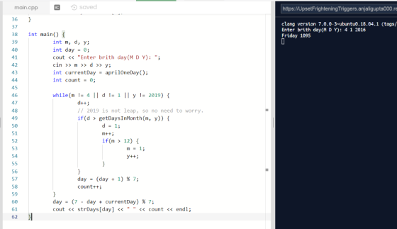 main.cpp saved https://UpsetFrighteningTriggers.anjaligupta000.re 36 37 38 int main() 39 40 41 42 43 clang version 7.0.0-3-ub