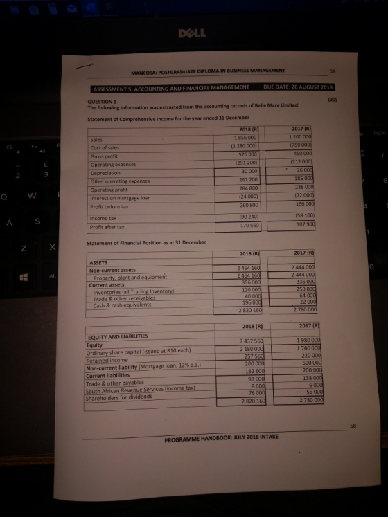 DOLL 58 MANCOSA: POSTGRADUATE DIPLOMA IN BUSINESS MANAGEMENT DUE DATE: 26 AUGUST 2019 ASSESSMENT 5 CCOUNTING AND FINANCIAL MA