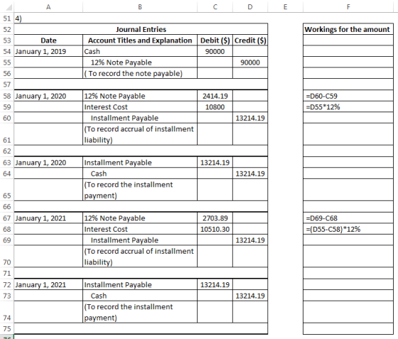 51 4 Journal Entries Workings for the amount 52 Account Titles and Explanation Debit (S) Credit ($) 53 Date 54 January 1, 201