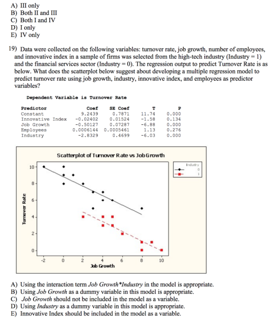 A) III only B) Both II and III C) Both I and IV D) I only E) IV only 19) Data were collected on the following variables: turn