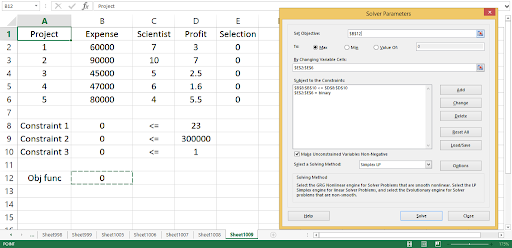 1 Praject Expense Scientist Profit Selection 6CC00 CCoo 5COD 47000 80C00 10 2.5 1.6 5.5 8 Constraint 1 9 Constraint 20 10 Con