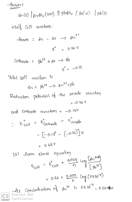 xM 2t 13 Total calveacion tu o potential o the anodle eachion and cathode reaction -0.13V E. anale 호t 4 CS Scanned with CamSc