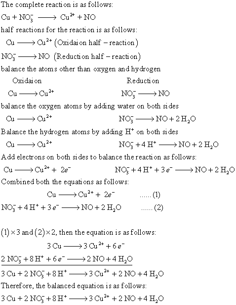 The complete reaction is as follows half reactions for the reaction is as follows CuCu2+ (Oxidai on half - reaction ) NOS-NO
