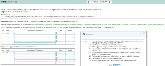 This Question: 10 pts 31 of 35 (6 complete) events that occurred during May, the companys first month Walsh & Meyers CPAS de
