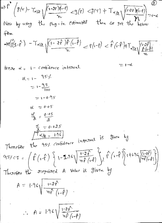 (- d8-1)}| 0-1 then Ge get the belaw Noc by using the plug- in estima til? - T - 2f n. tere 1- Condence inteval Too So-D ol =