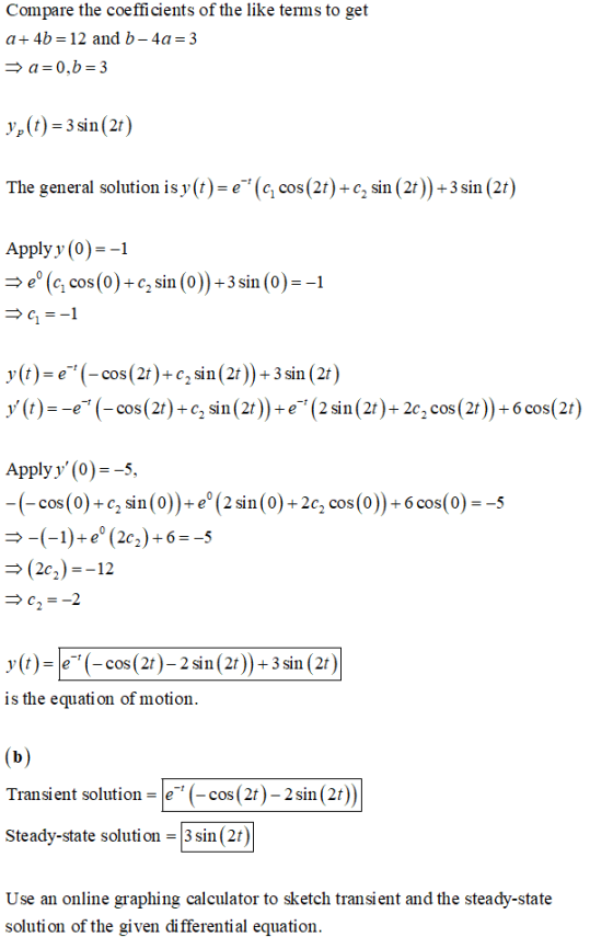 Compare the coe ffi cients of the like terms to get a+4b-12 and b-4a 3 y,(t)-3sin(27) The general solution is y (t)-e(ccos(2