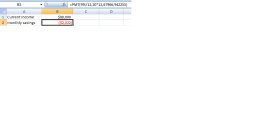 =PMT( 9 % / 12,20*12,67966,942255) B2 A B D $88,000 1 Current Income 2 monthly savings ($2,022)